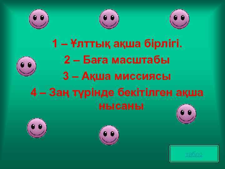 1 – Ұлттық ақша бірлігі. 2 – Баға масштабы 3 – Ақша миссиясы 4