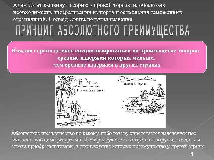 Адам Смит выдвинул теорию мировой торговли, обосновав необходимость либерализации импорта и ослабления таможенных ограничений.