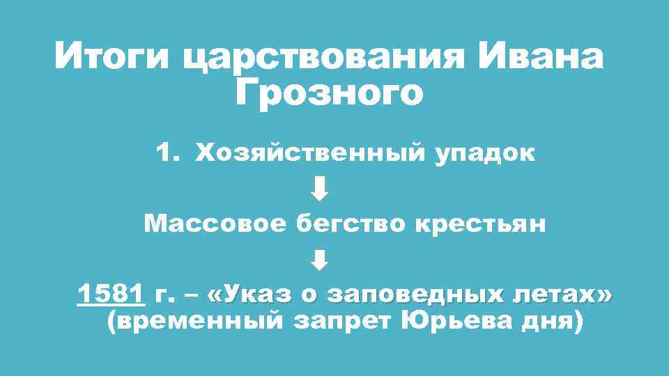 Итоги царствования Ивана Грозного 1. Хозяйственный упадок Массовое бегство крестьян 1581 г. – «Указ