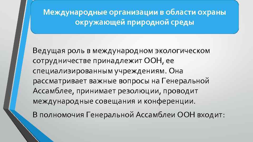 Международные организации в области охраны окружающей природной среды Ведущая роль в международном экологическом сотрудничестве