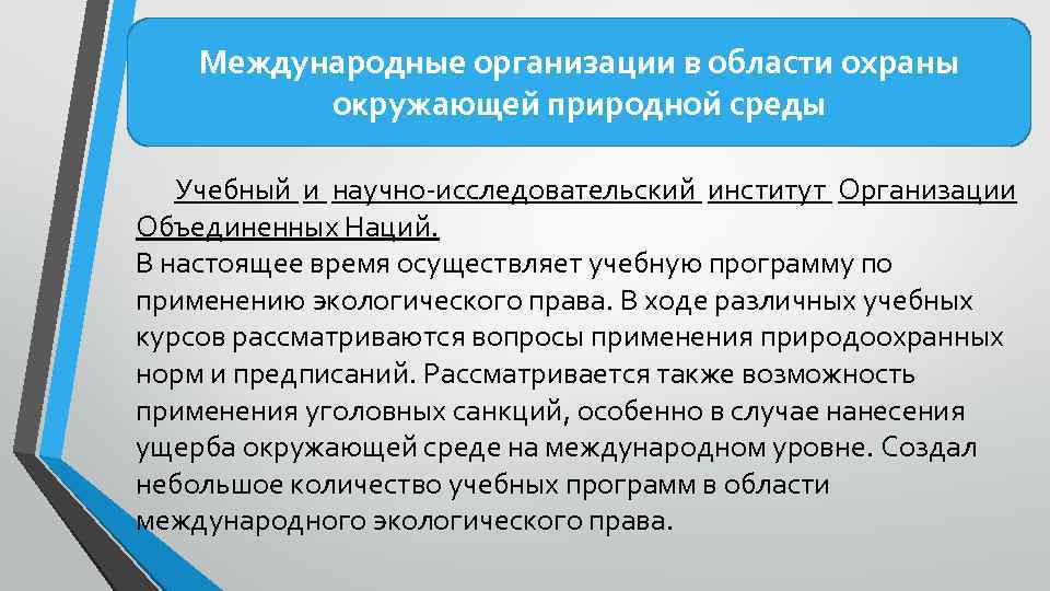 Международные организации в области охраны окружающей природной среды Учебный и научно-исследовательский институт Организации Объединенных