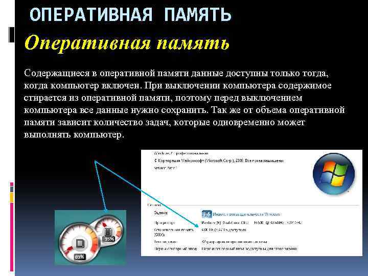 ОПЕРАТИВНАЯ ПАМЯТЬ Оперативная память Содержащиеся в оперативной памяти данные доступны только тогда, когда компьютер