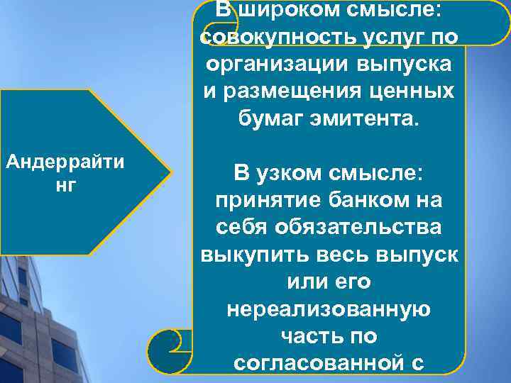 В широком смысле: совокупность услуг по организации выпуска и размещения ценных бумаг эмитента. Андеррайти