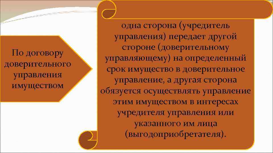 По договору доверительного управления имуществом одна сторона (учредитель управления) передает другой стороне (доверительному управляющему)