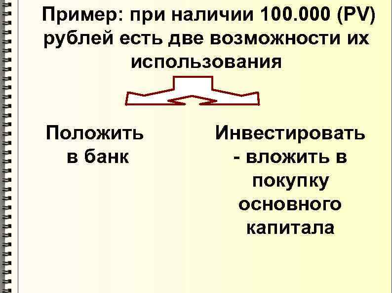 Пример: при наличии 100. 000 (PV) рублей есть две возможности их использования Положить в