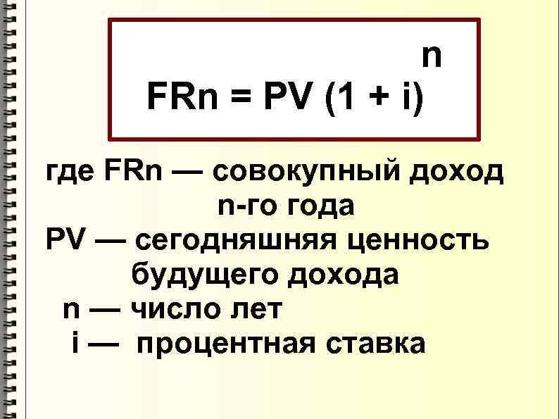 n FRn = PV (1 + i) где FRn — cовокупный доход n-го года