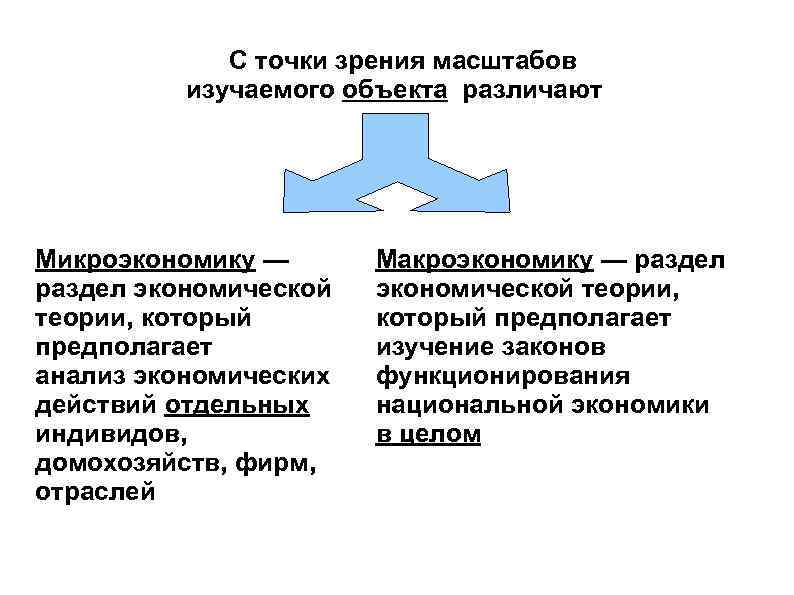 С точки зрения масштабов изучаемого объекта различают Микроэкономику — раздел экономической теории, который предполагает