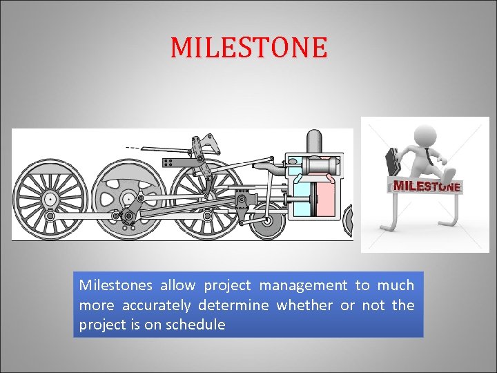 MILESTONE Milestones allow project management to much more accurately determine whether or not the