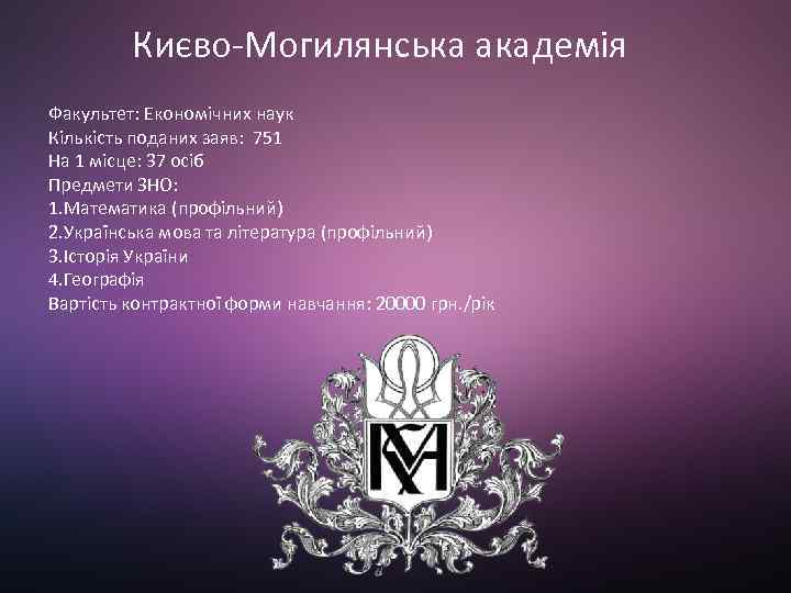 Києво-Могилянська академія Факультет: Економічних наук Кількість поданих заяв: 751 На 1 місце: 37 осіб