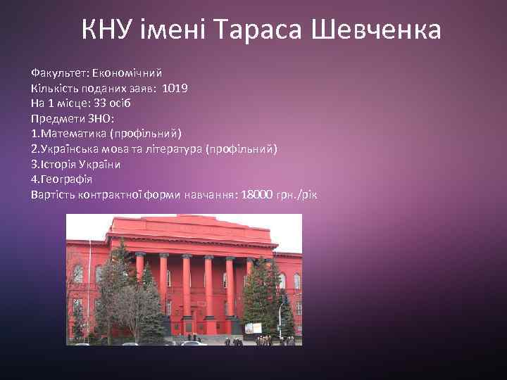 КНУ імені Тараса Шевченка Факультет: Економічний Кількість поданих заяв: 1019 На 1 місце: 33
