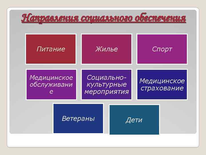 Направления социального обеспечения Питание Жилье Спорт Медицинское обслуживани е Социальнокультурные мероприятия Медицинское страхование Ветераны
