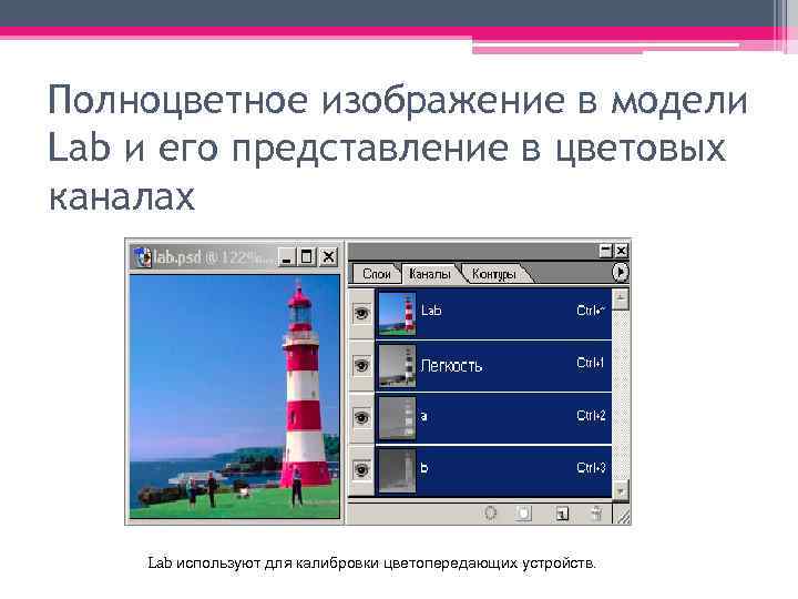  Полноцветное изображение в модели Lab и его представление в цветовых каналах Lab используют
