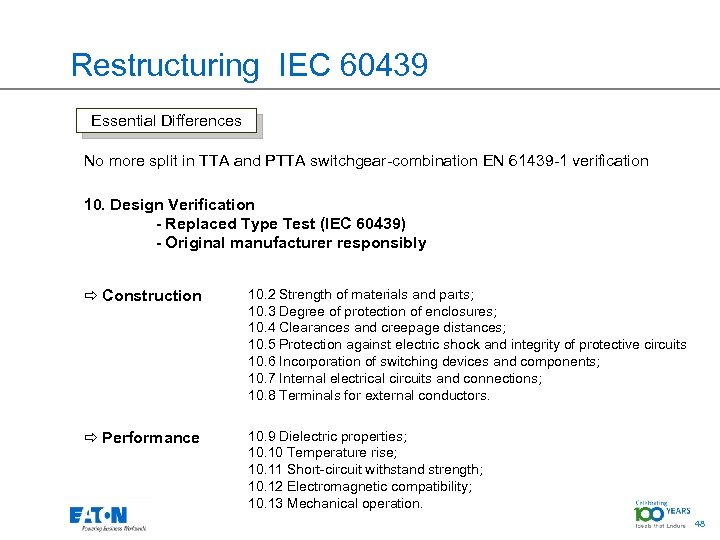 Restructuring IEC 60439 Essential Differences No more split in TTA and PTTA switchgear-combination EN