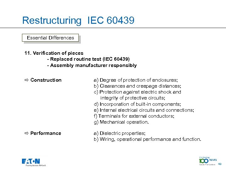 Restructuring IEC 60439 Essential Differences 11. Verification of pieces - Replaced routine test (IEC