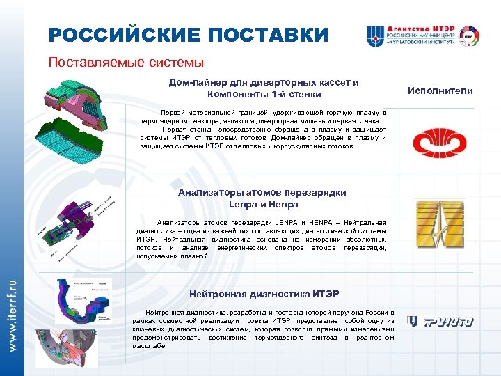 РОССИЙСКИЕ ПОСТАВКИ Поставляемые системы Дом-лайнер для диверторных кассет и Компоненты 1 -й стенки Первой
