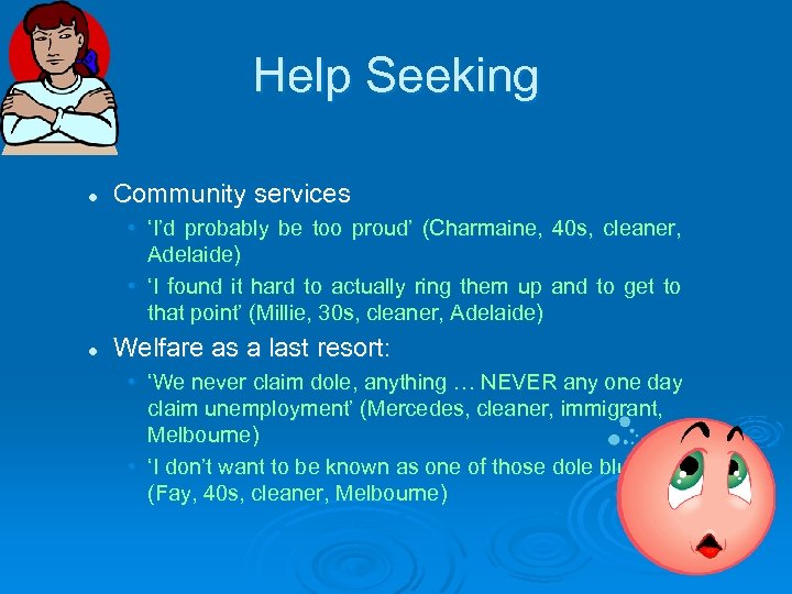 Help Seeking l Community services • ‘I’d probably be too proud’ (Charmaine, 40 s,