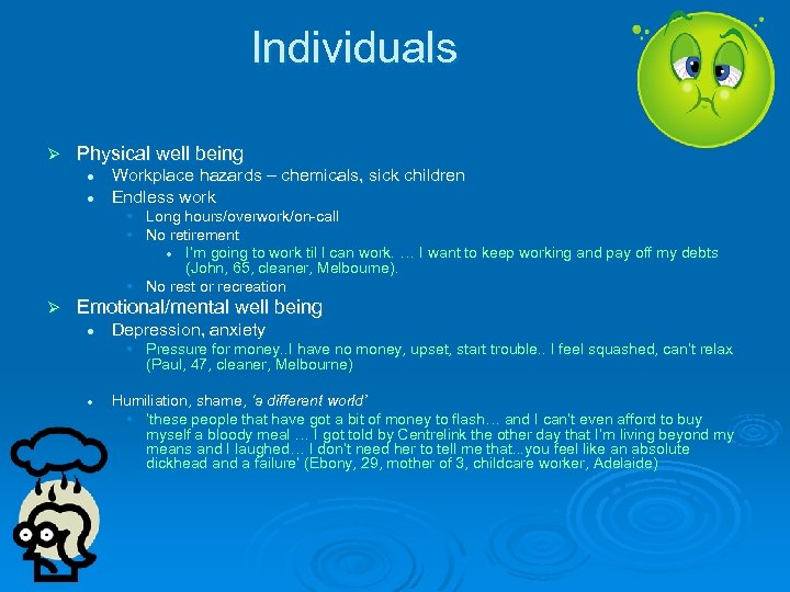 Individuals Ø Physical well being l l Workplace hazards – chemicals, sick children Endless