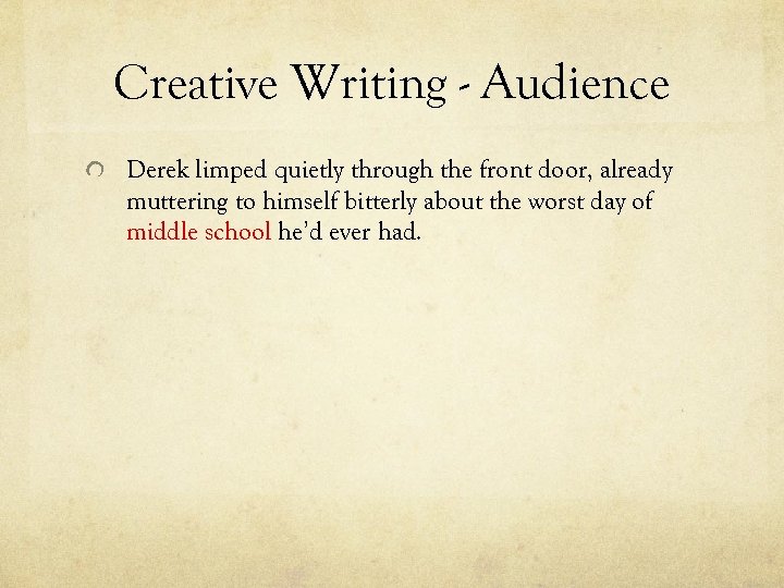 Creative Writing - Audience Derek limped quietly through the front door, already muttering to