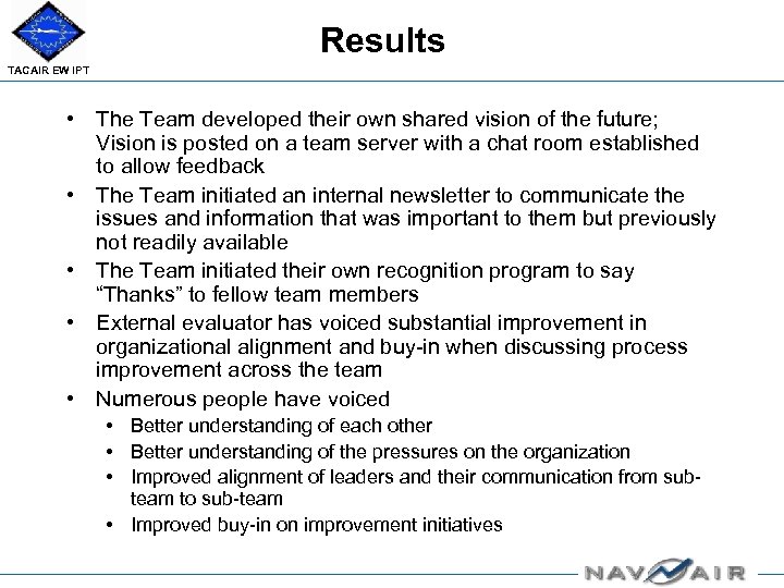 Results TACAIR EW IPT • The Team developed their own shared vision of the