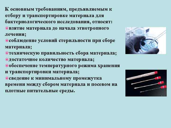 К основным требованиям, предъявляемым к отбору и транспортировке материала для бактериологического исследования, относят: взятие