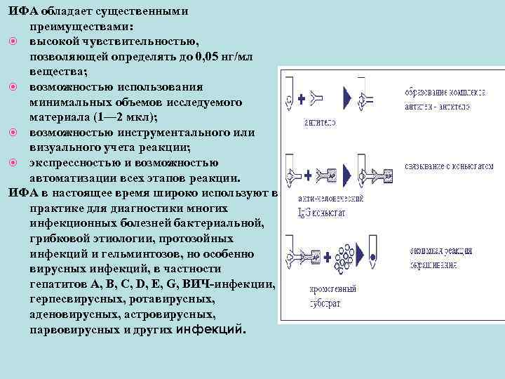 ИФА обладает существенными преимуществами: высокой чувствительностью, позволяющей определять до 0, 05 нг/мл вещества; возможностью