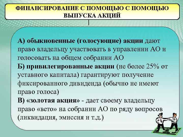 ФИНАНСИРОВАНИЕ С ПОМОЩЬЮ ВЫПУСКА АКЦИЙ А) обыкновенные (голосующие) акции дают право владельцу участвовать в