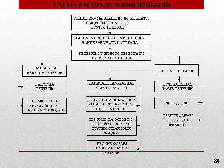 СХЕМА РАСПРЕДЕЛЕНИЯ ПРИБЫЛИ ОБЩАЯ СУММА ПРИБЫЛИ ДО ВЫПЛАТЫ ПРИЦЕНТОВ И НАЛОГОВ (БРУТТО-ПРИБЫЛЬ) ВЫПЛАТА ПРОЦЕНТОВ