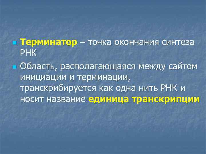 n n Терминатор – точка окончания синтеза РНК Область, располагающаяся между сайтом инициации и