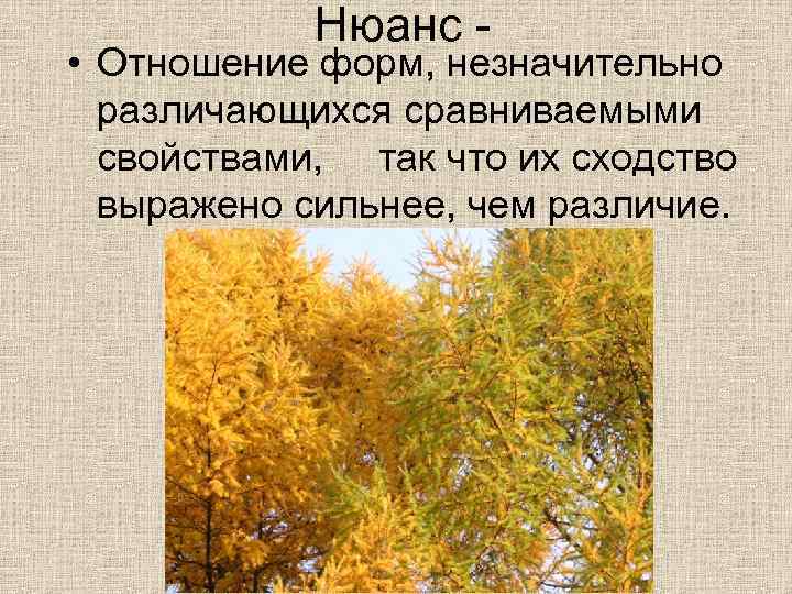 Нюанс - • Отношение форм, незначительно различающихся сравниваемыми свойствами, так что их сходство выражено