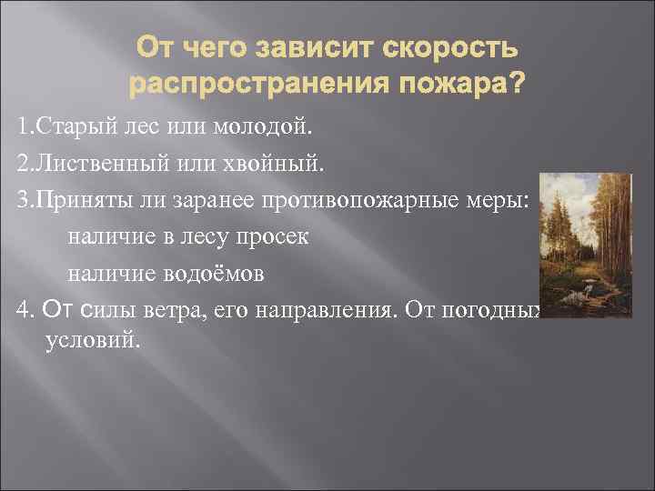 1. Старый лес или молодой. 2. Лиственный или хвойный. 3. Приняты ли заранее противопожарные