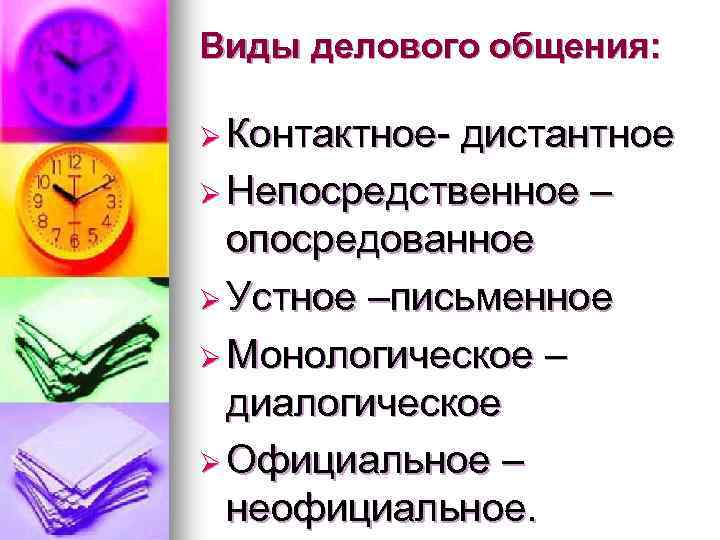 Виды делового общения: Ø Контактное- дистантное Ø Непосредственное – опосредованное Ø Устное –письменное Ø