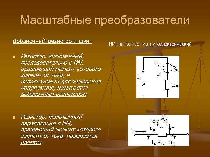 Масштабные преобразователи Добавочный резистор и шунт n n Резистор, включенный последовательно с ИМ, вращающий