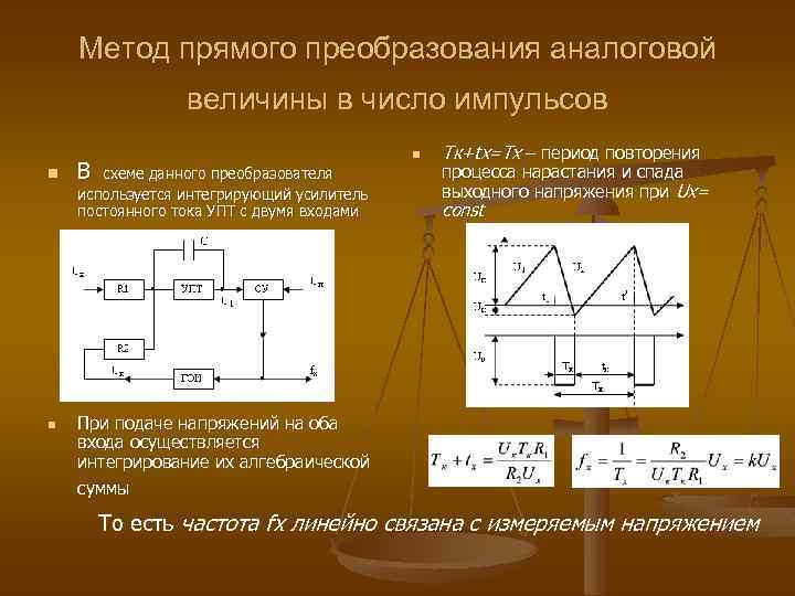 Метод прямого преобразования аналоговой величины в число импульсов n n n В схеме данного