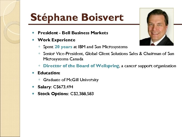 Stéphane Boisvert President - Bell Business Markets Work Experience ◦ Spent 20 years at