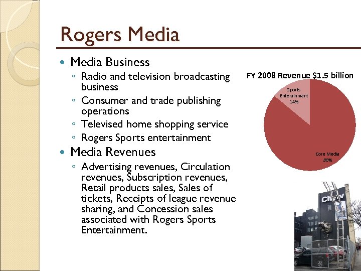 Rogers Media Business ◦ Radio and television broadcasting business ◦ Consumer and trade publishing