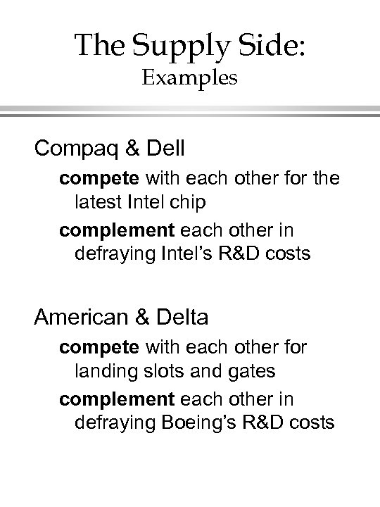 The Supply Side: Examples Compaq & Dell compete with each other for the latest