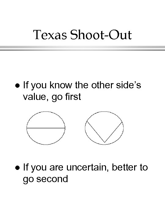 Texas Shoot-Out l If you know the other side’s value, go first l If