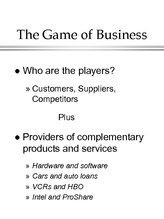 The Game of Business l Who are the players? » Customers, Suppliers, Competitors Plus