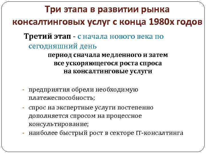 Три этапа в развитии рынка консалтинговых услуг с конца 1980 х годов Третий этап