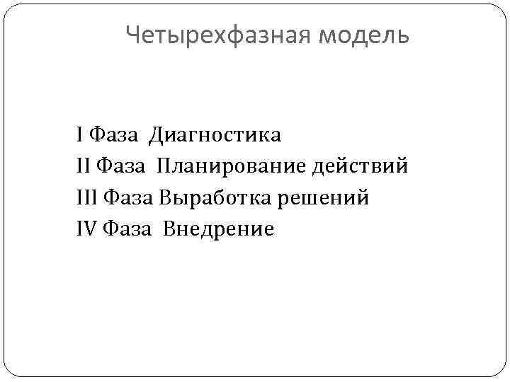 Четырехфазная модель І Фаза Диагностика II Фаза Планирование действий III Фаза Выработка решений IV