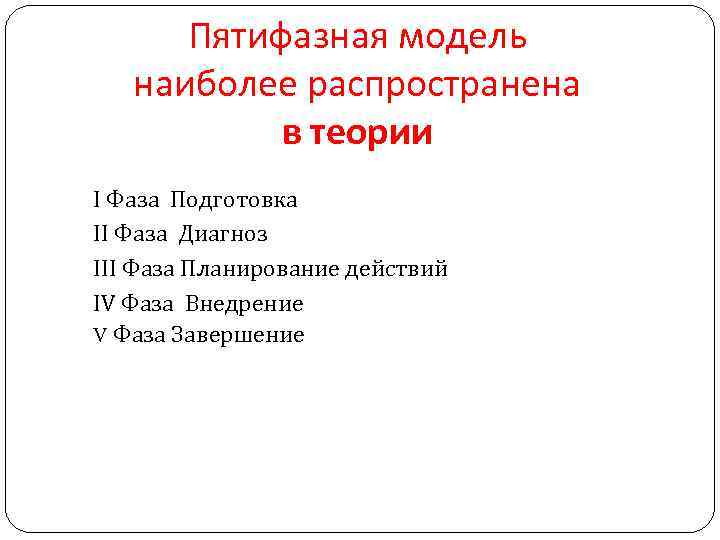 Пятифазная модель наиболее распространена в теории І Фаза Подготовка II Фаза Диагноз III Фаза