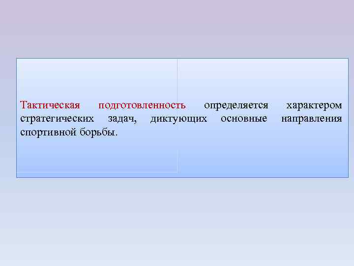 Тактическая подготовленность определяется стратегических задач, диктующих основные спортивной борьбы. характером направления 