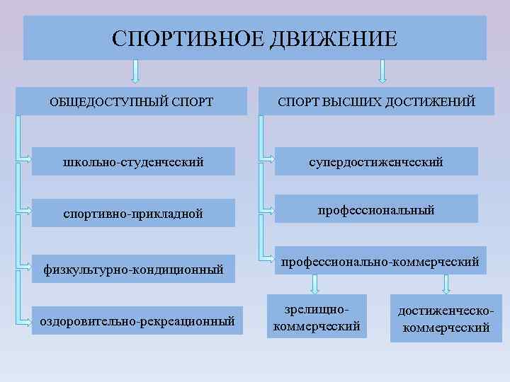 СПОРТИВНОЕ ДВИЖЕНИЕ ОБЩЕДОСТУПНЫЙ СПОРТ ВЫСШИХ ДОСТИЖЕНИЙ школьно-студенческий супердостиженческий спортивно-прикладной профессиональный физкультурно-кондиционный оздоровительно-рекреационный профессионально-коммерческий зрелищнокоммерческий