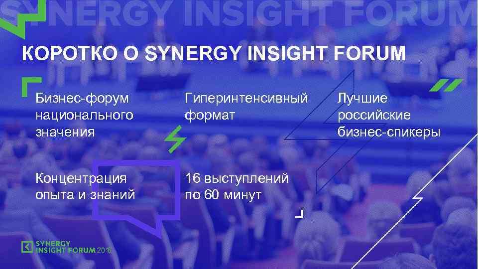 КОРОТКО О SYNERGY INSIGHT FORUM Бизнес-форум национального значения Гиперинтенсивный формат Концентрация опыта и знаний