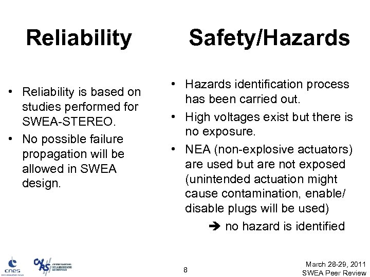 Reliability • Reliability is based on studies performed for SWEA-STEREO. • No possible failure