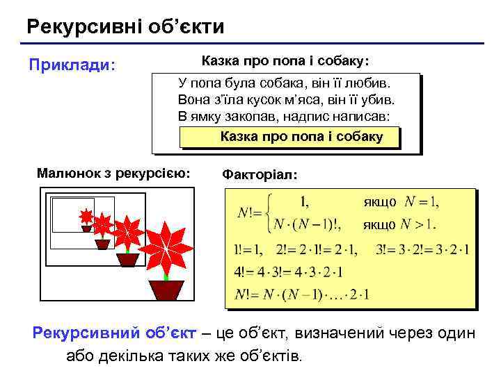 Рекурсивні об’єкти Казка про попа і собаку: Приклади: У попа була собака, він її