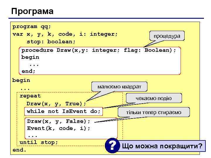 Програма program qq; var x, y, k, code, i: integer; процедура stop: boolean; procedure