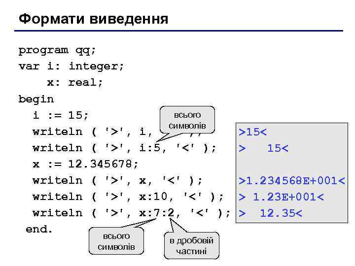 Формати виведення program qq; var i: integer; x: real; begin всього i : =