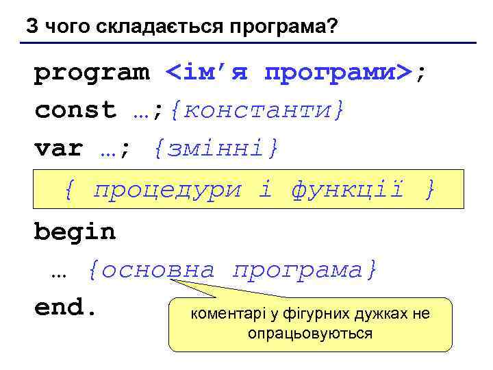 З чого складається програма? program <ім’я програми>; const …; {константи} var …; {змінні} {