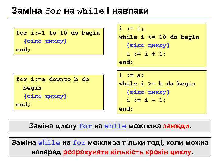 Заміна for на while і навпаки for i: =1 to 10 do begin {тіло